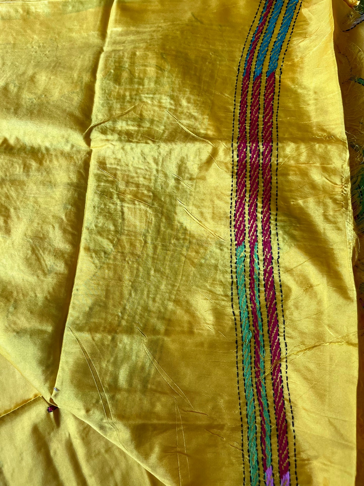 Green Kantha Hand Work Embroidered Art Silk Saree With Blouse