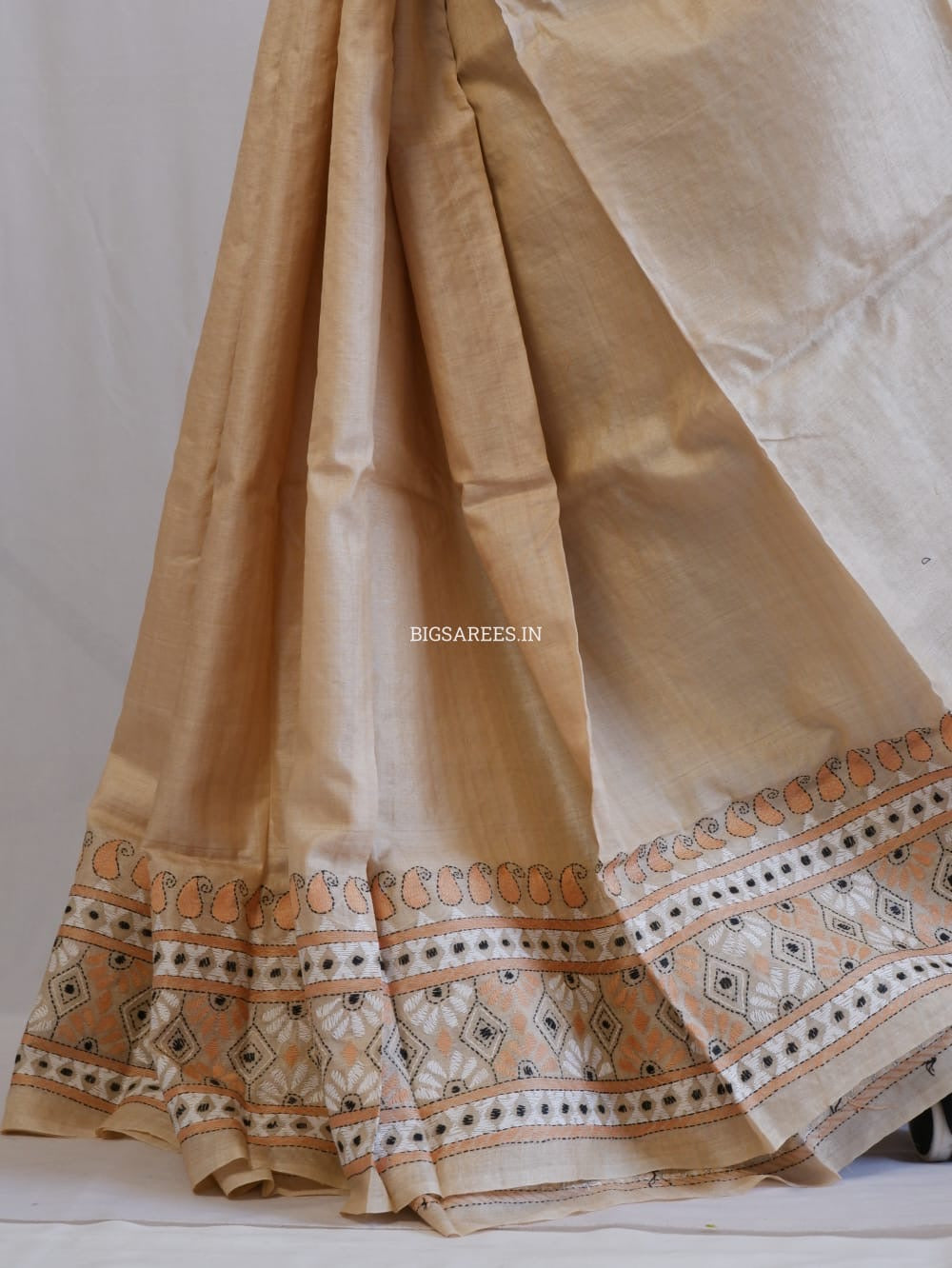 Kantha Stitch Hand Embroidered Saree | Pure Gachi Tussar Silk | Silk Mark Certified | Beige