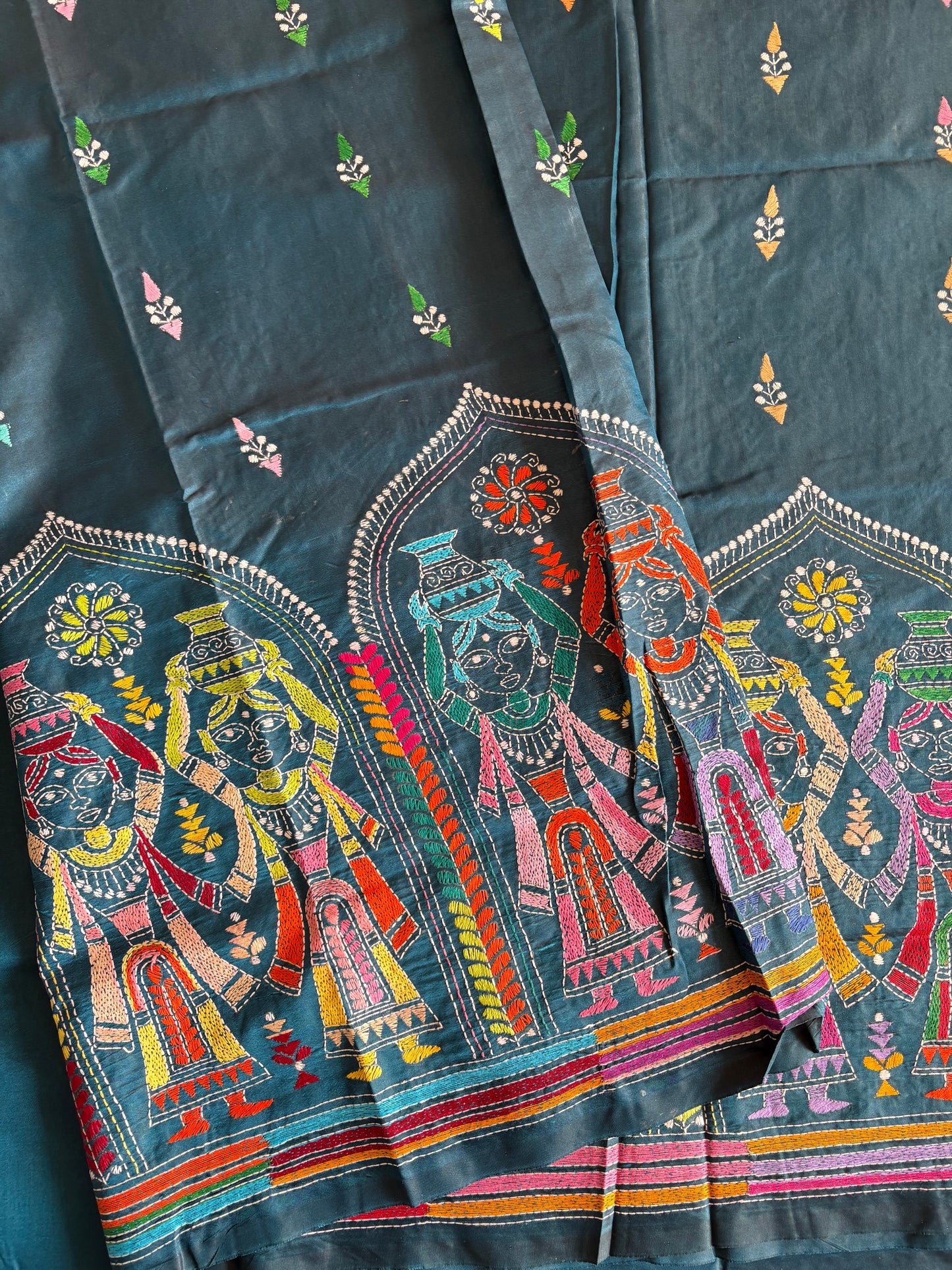 Kantha Hand Embroidered Blended Banglore Silk/Art Silk Saree With Blouse