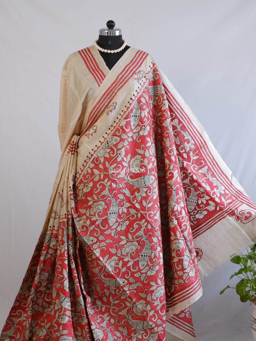 Kantha Stitch Hand Embroidered Saree | Pure Gachi Tussar Silk | Silk Mark Certified | Beige