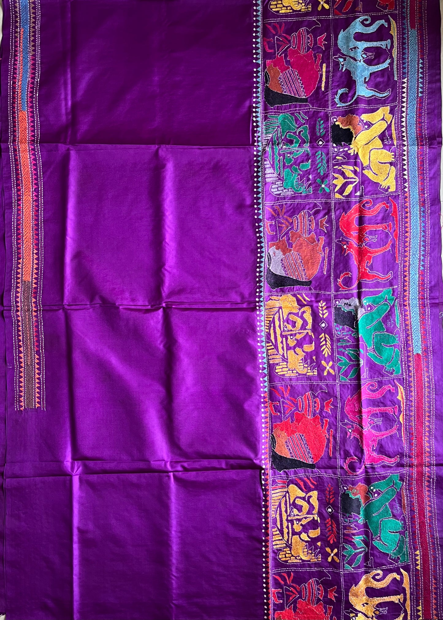 Purple Kantha Hand Embroidary Pure Banglore Silk Saree