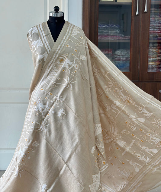 Kantha Hand Embroidery Pure Tussar Silk Saree – light beige