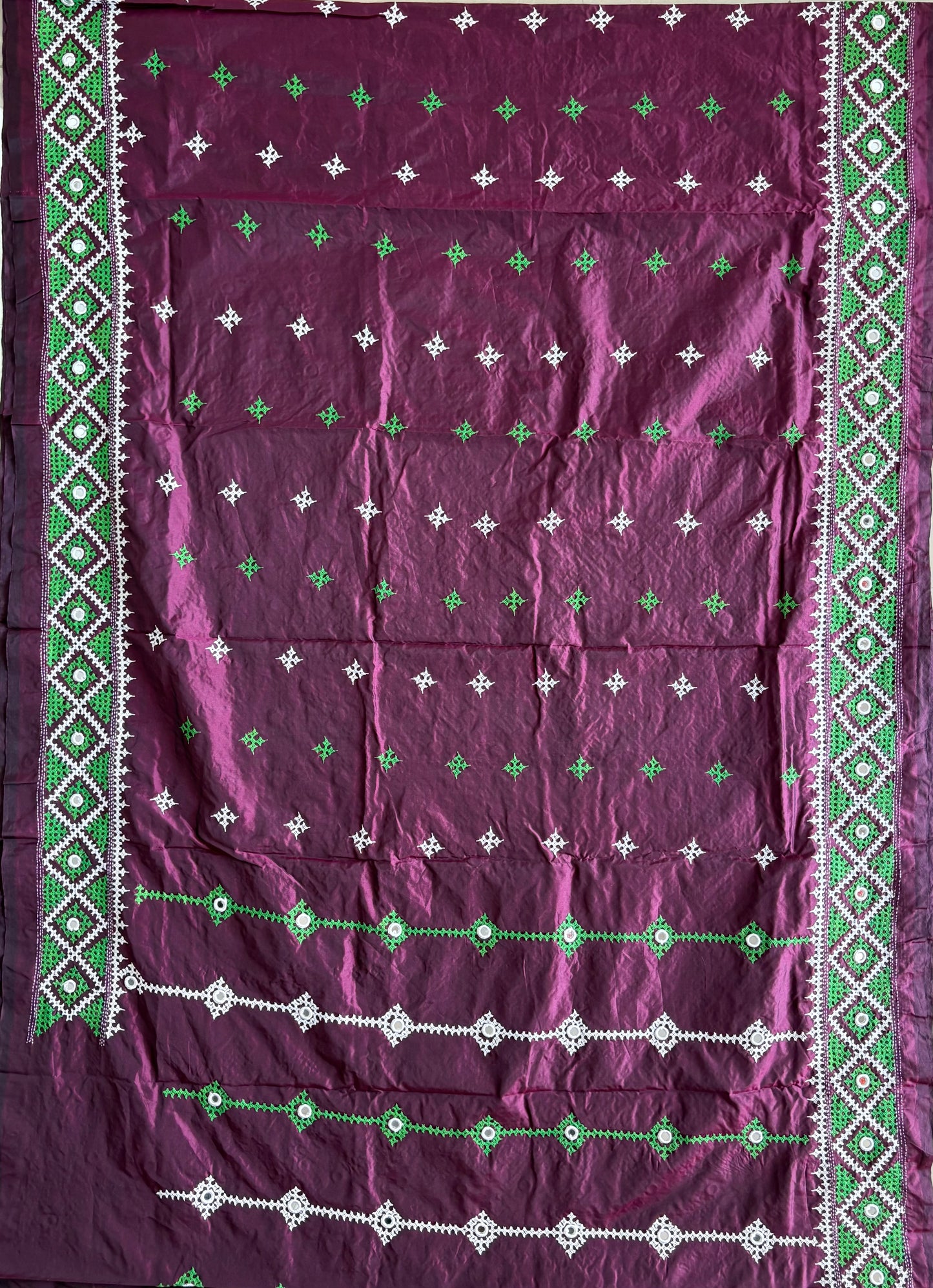 Real mirror work Gujrati Stitch/Kutch Hand Embroidered Art Silk Saree