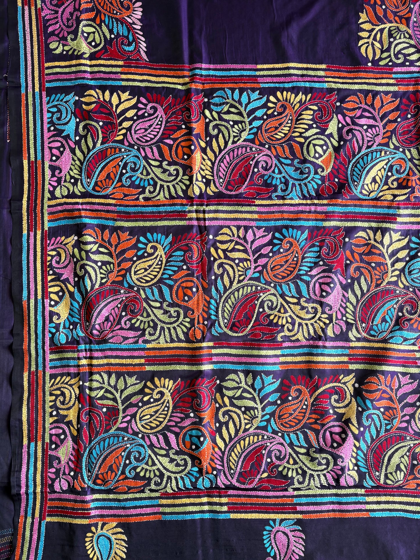 Purple Kantha Hand Embroidered Blended Banglore Silk/Art Silk Saree With Blouse