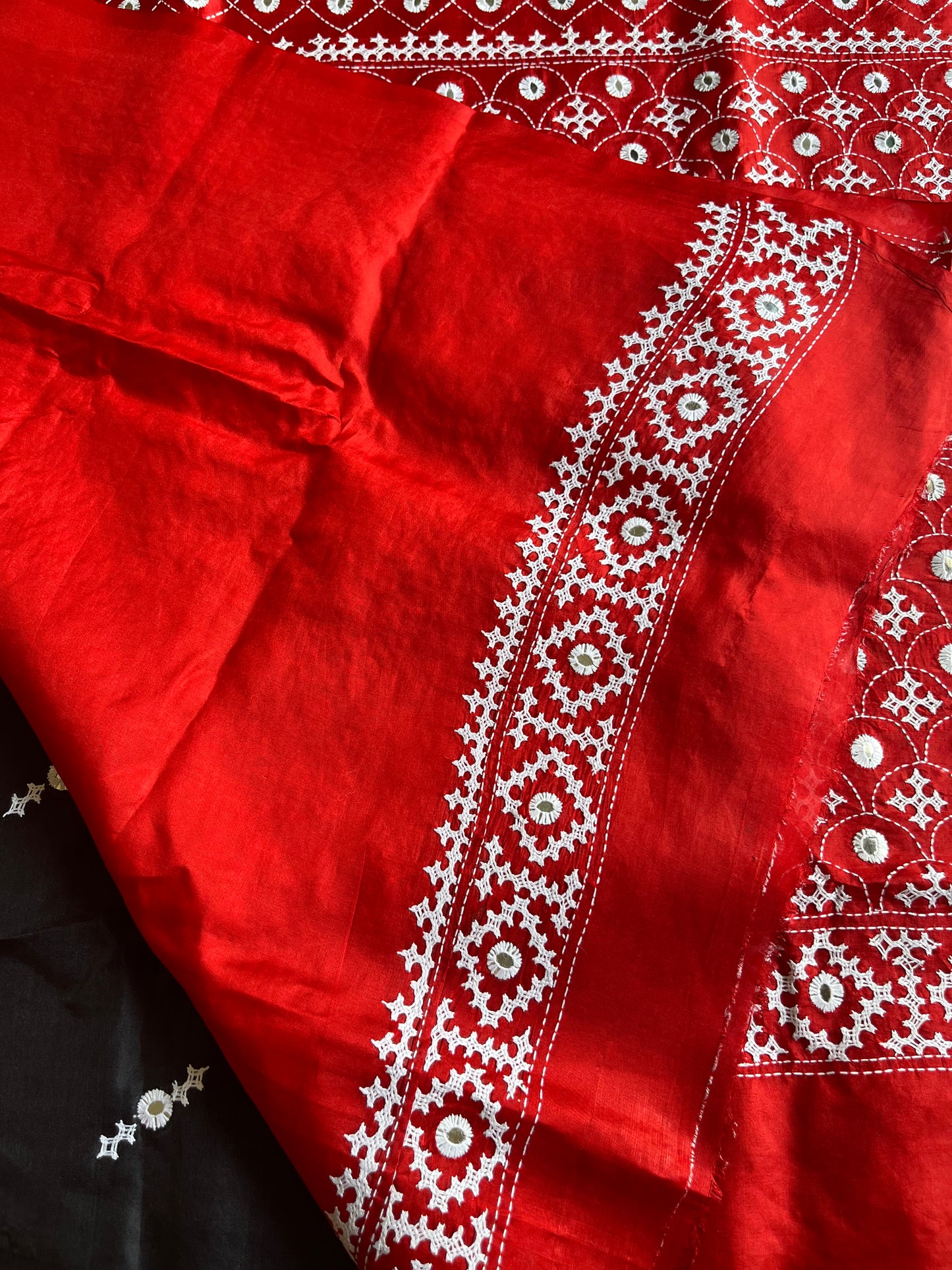 Red Black Kutch Hand Embroidered Pure Banglore Silk Saree