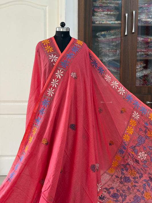 Kantha stitch Hand Embroidered Pure mul Cotton Saree