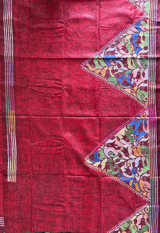Kantha - Stitch Hand Embroidered Saree | Blended Bangalore Silk / Art Silk | Red