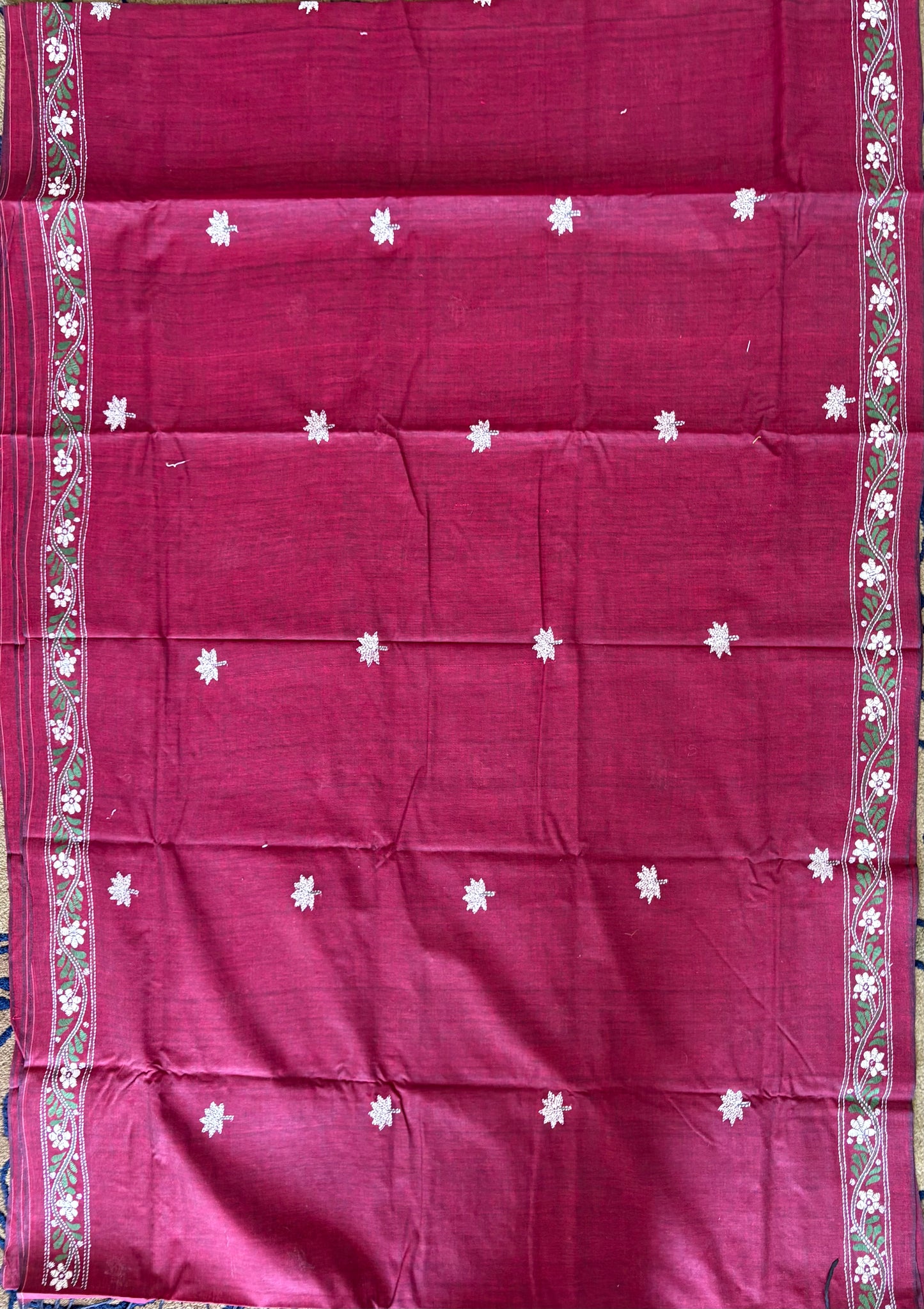 Kantha stitch Khadi Cotton Saree - Maroon