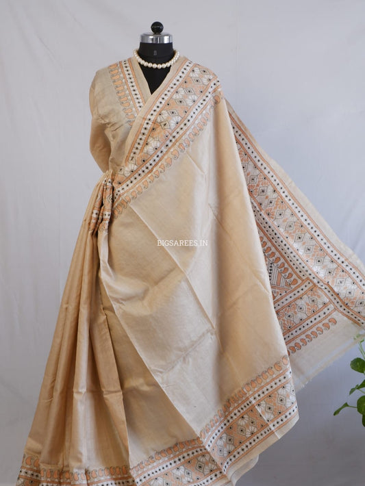 Kantha Stitch Hand Embroidered Saree | Pure Gachi Tussar Silk | Silk Mark Certified | Beige