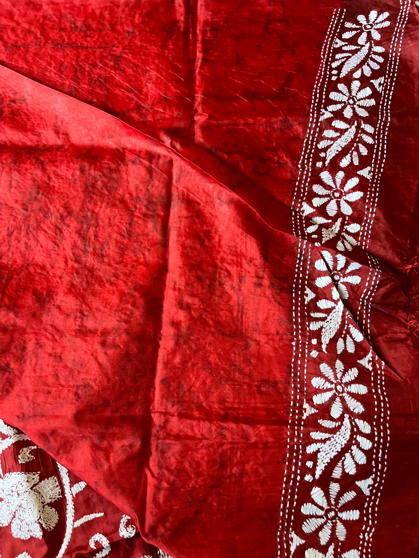 Kantha Hand Work Embroidered Art Silk Saree With Blouse