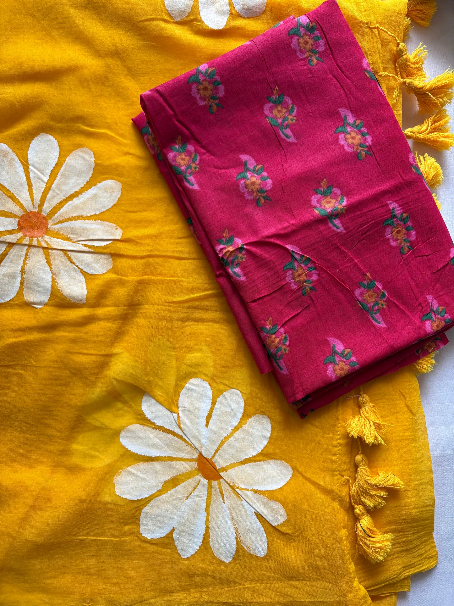 Hand Painted Mul Cotton Saree with Blouse | Yellow