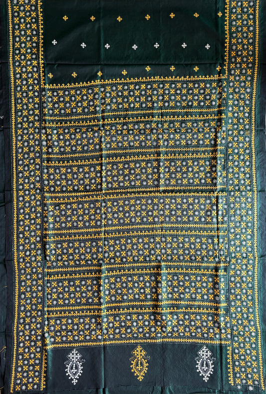 Green Gujrati Stitch/Kutch Hand Embroidered Art Silk Saree