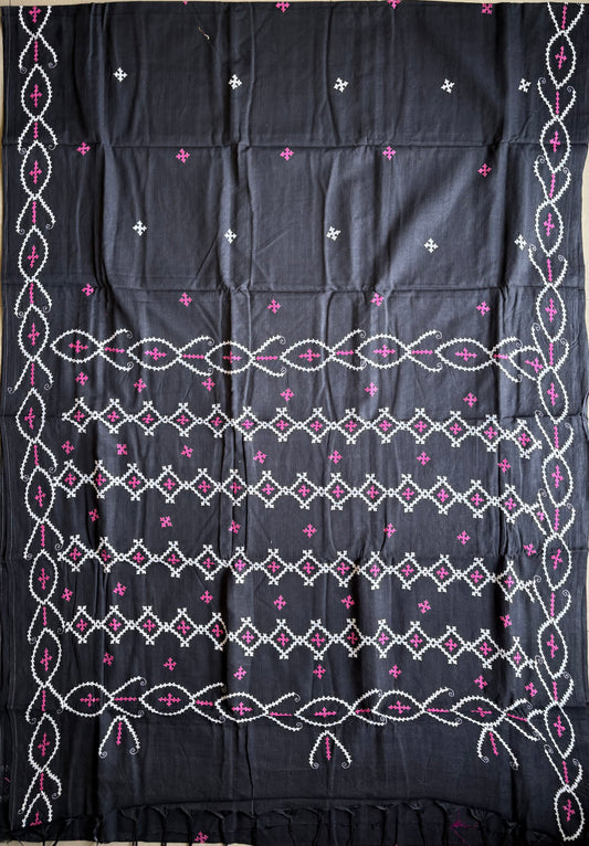 Kutchi work Hand Embroidered Pure Cotton Saree – Black