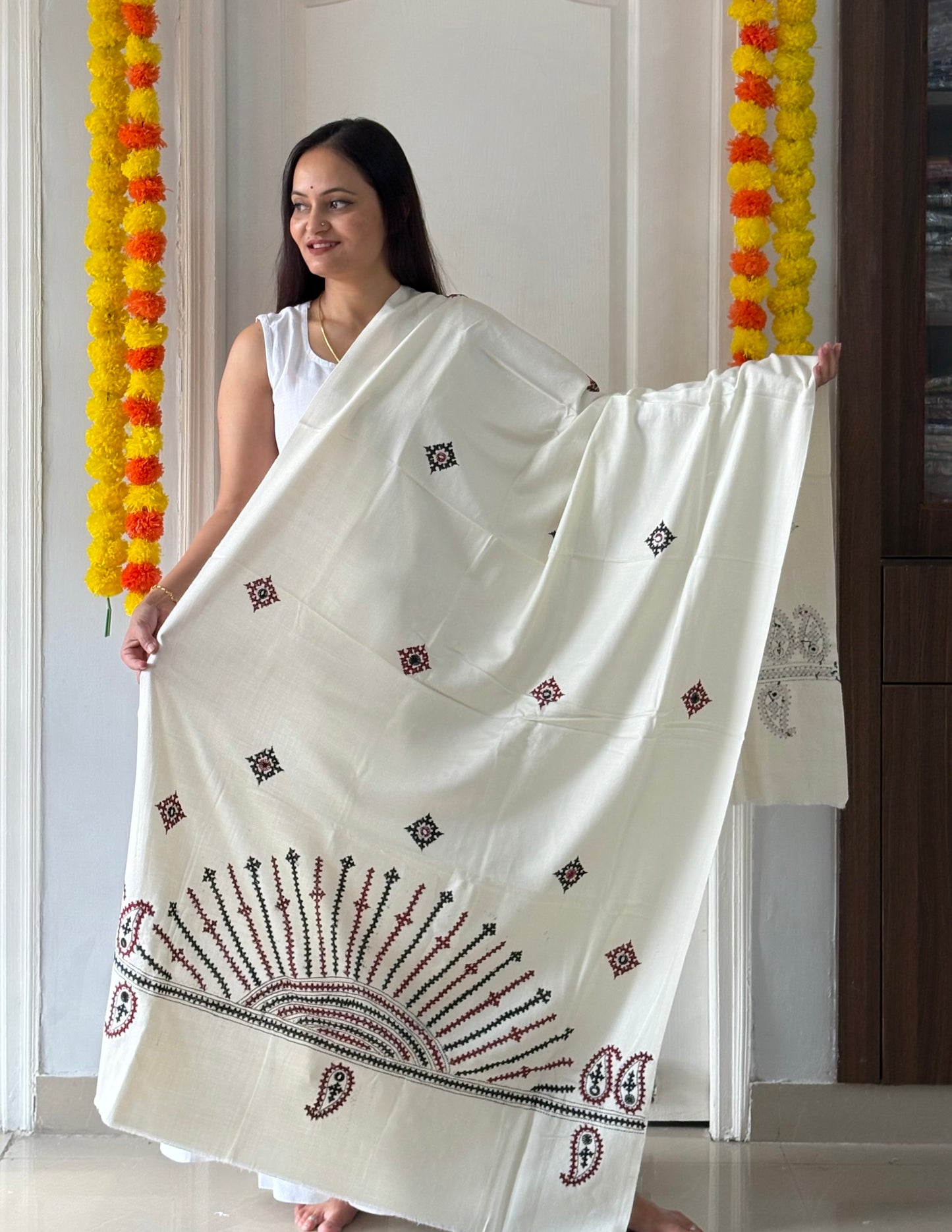 Gujrati Stitch Hand Embroidered Woollen Warm Shawl