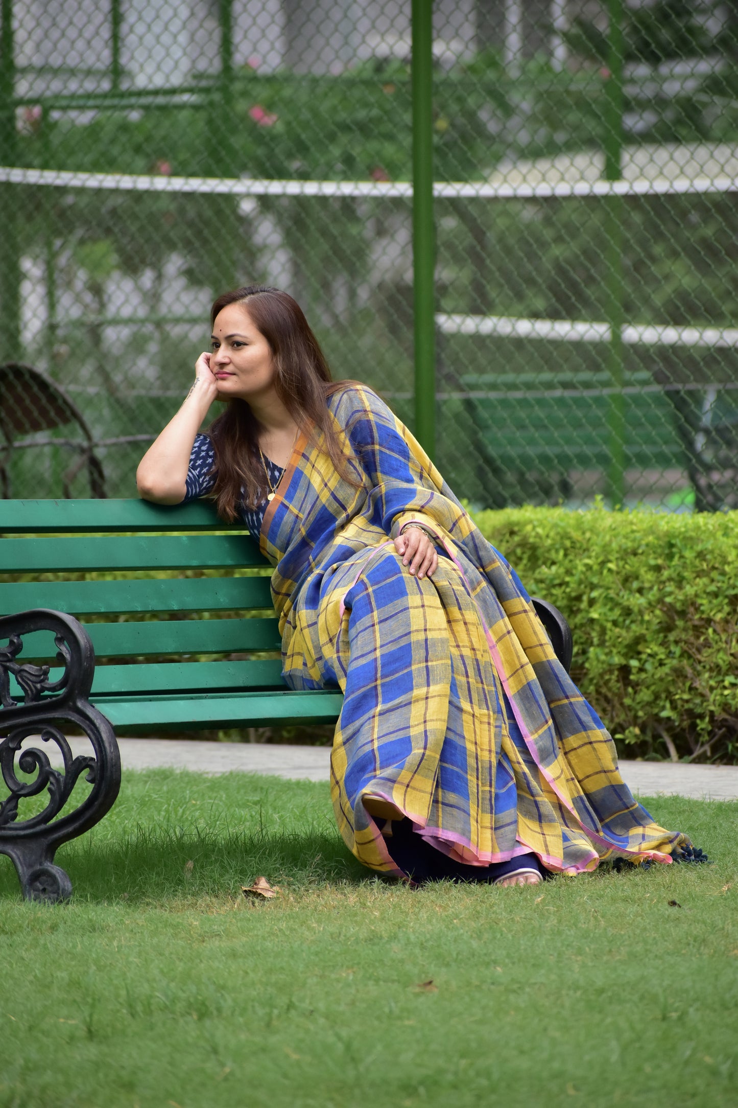 Pure Jayshree Linen Saree | Checks | Blue - Yellow