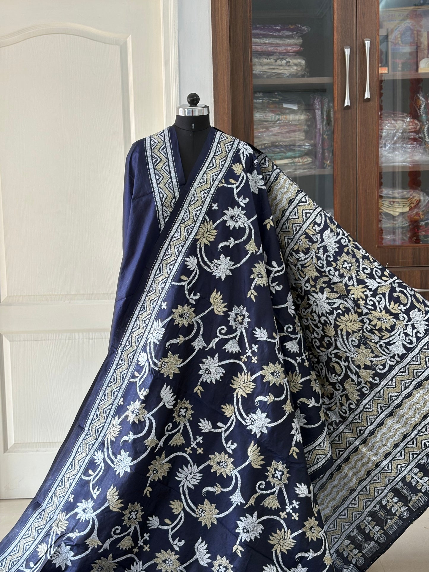 Kantha Hand Embroidered Pure Banglore Silk Saree (Silk Marked)