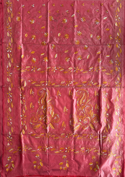 Kantha Stitch Hand Work Embroidered Art Silk Saree With Blouse