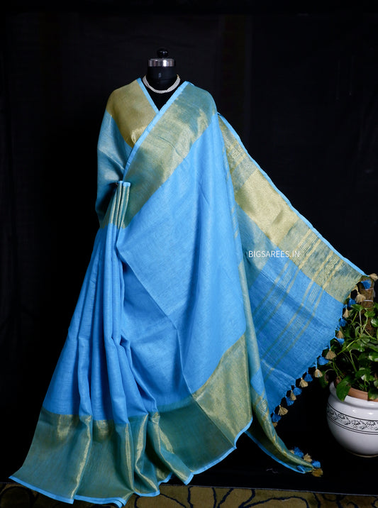Blue pure Linen By Linen Saree With running Blouse