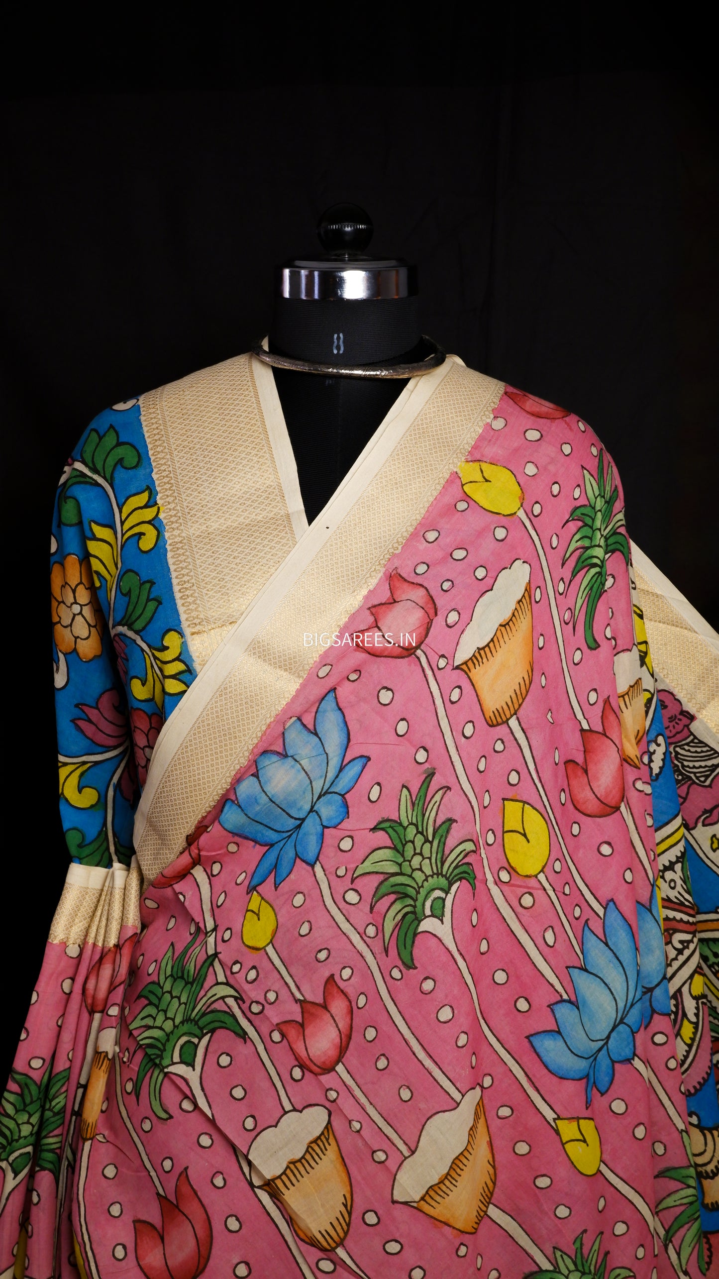 Pen Kalamkari hand painted pure cotton Saree with blouse