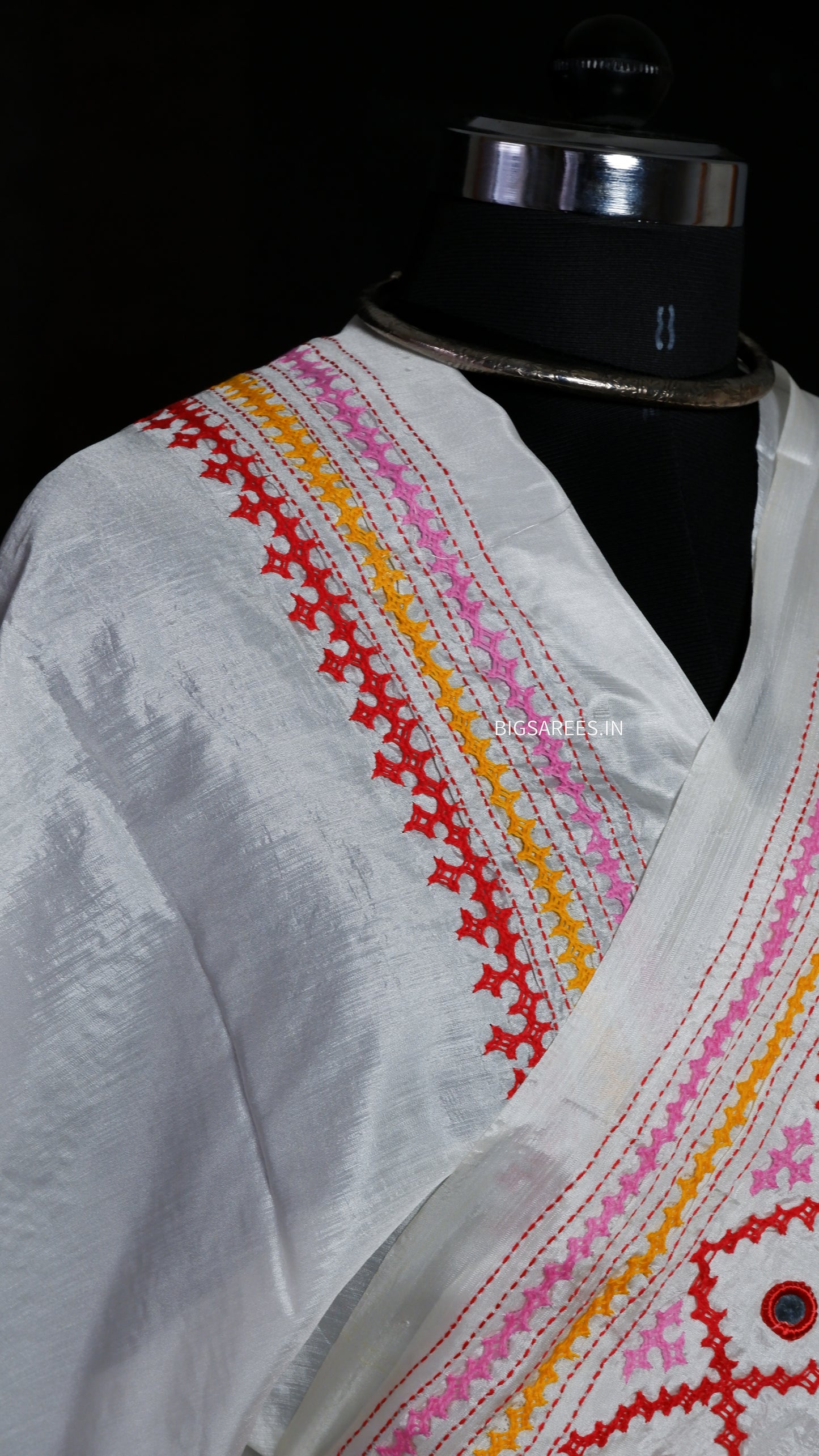 Heavy real mirror work Gujrati Stitch/Kutchi Bharat/Sindhi Hand Embroidered Art Silk Saree with blouse - Off white