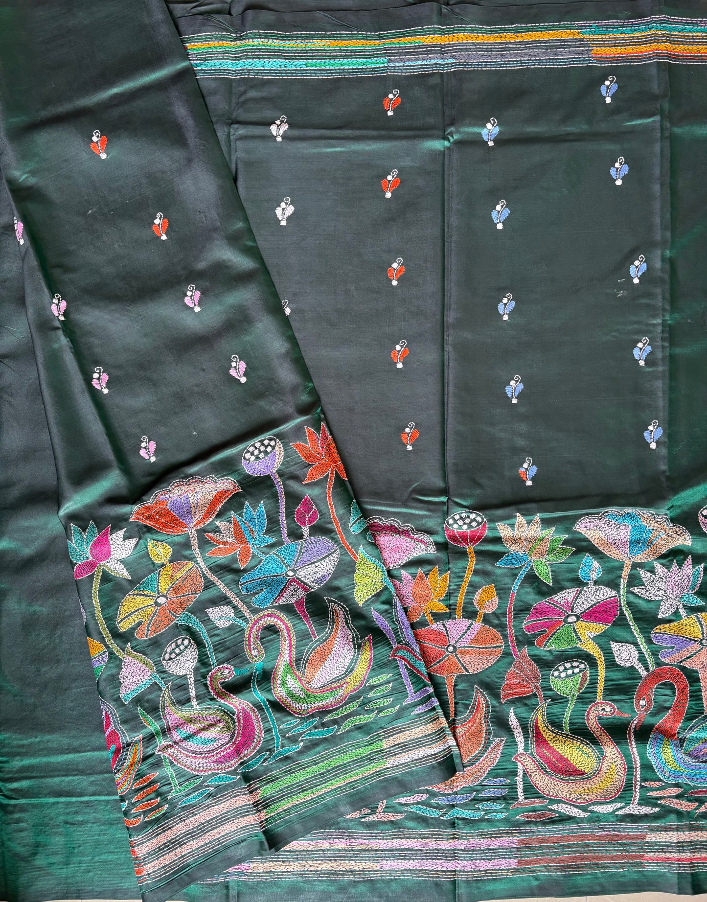 Bottle Green Kantha Stitch Hand Work Embroidered Art Silk Saree With Blouse