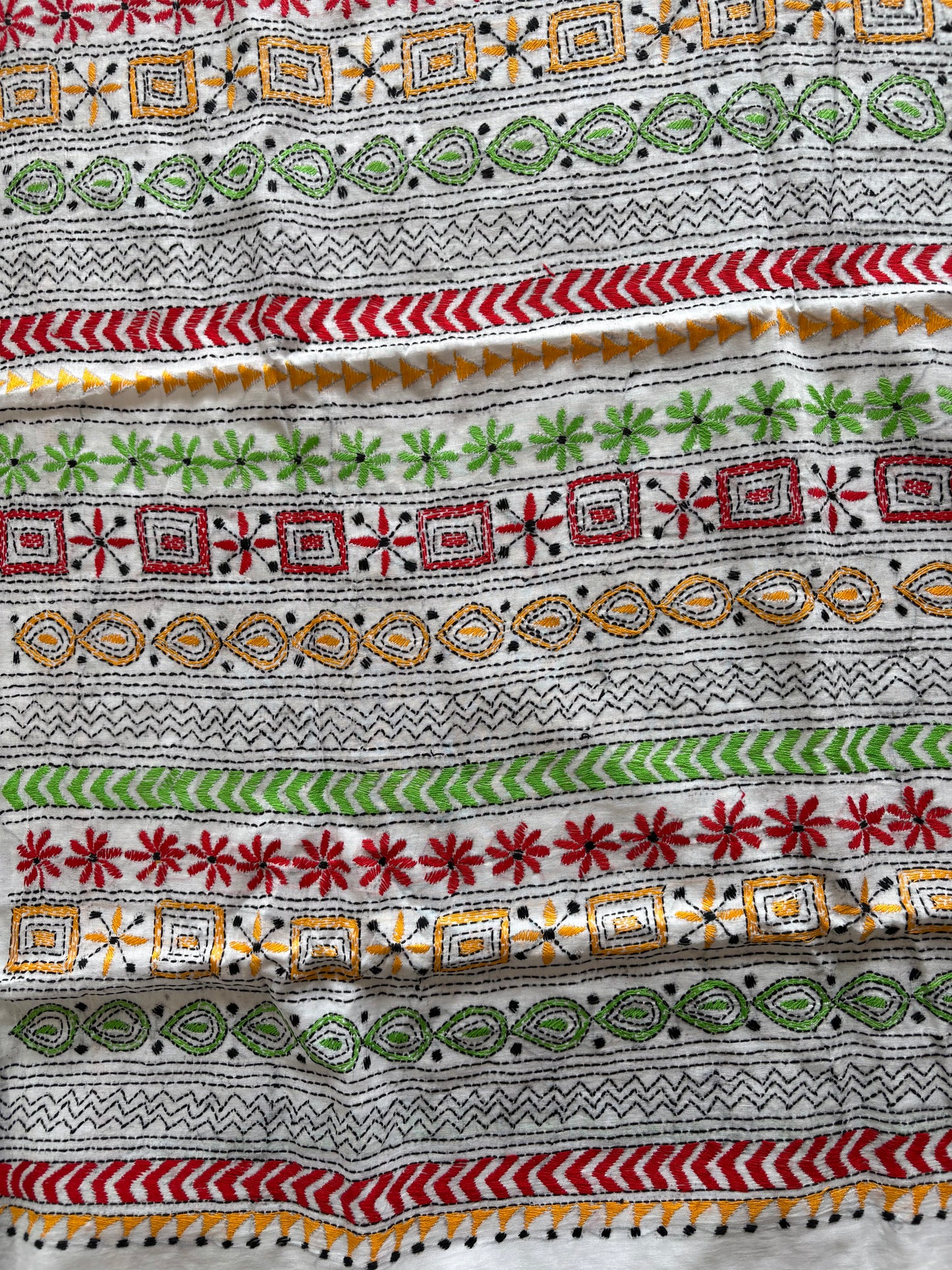 Kantha Hand Embroidered Pure Cotton Saree - white