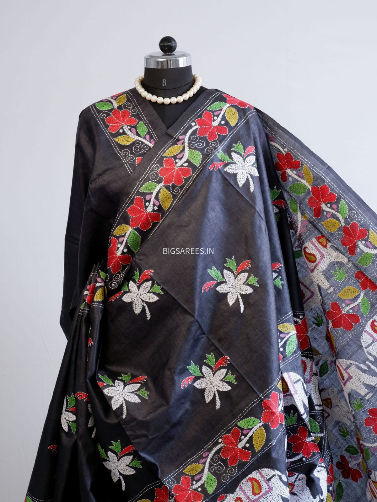 Kantha Stitch Hand Embroidered Saree | Pure Tussar Silk | Silk Mark Certified | Black