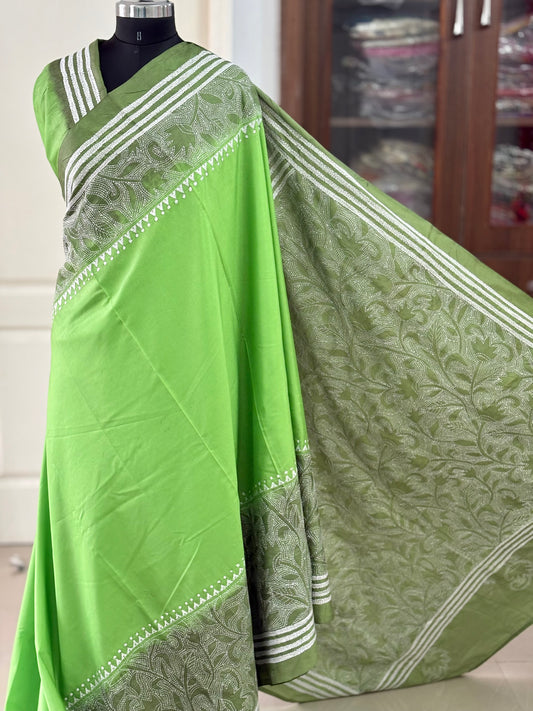 Kantha Hand Work Embroidered Art Silk Saree With Blouse