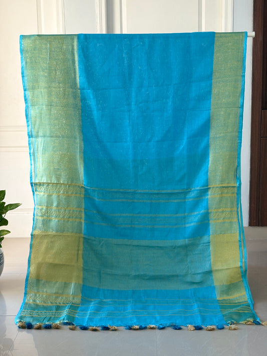 Blue pure Linen By Linen Saree With running Blouse