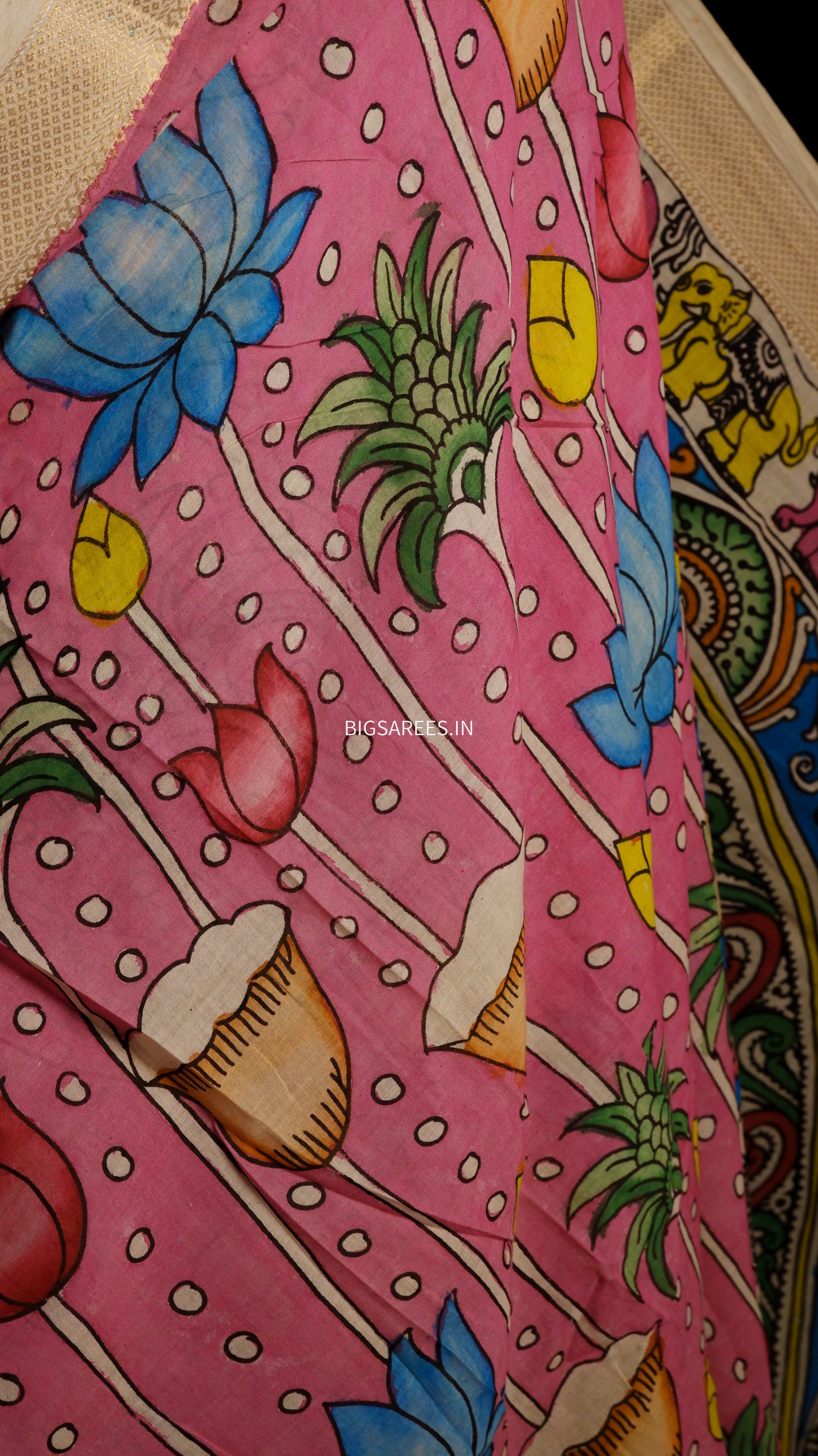 Pen Kalamkari hand painted pure cotton Saree with blouse