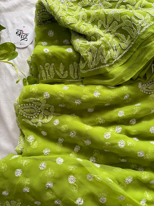 Chikankari Hand Embroidered Saree | Semi Georgette | Green