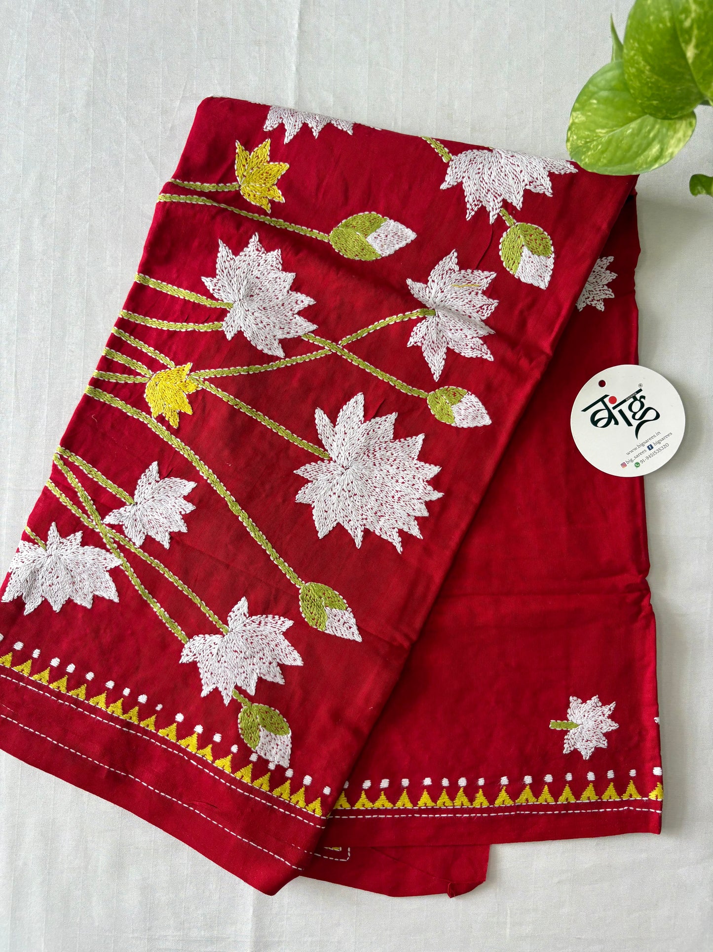 Kantha Hand Embroidary Full Work Pure Cotton Dupatta- Red “36”