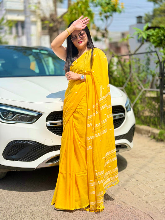 120 Count Mul Cotton Jamdani Butta Saree - Yellow