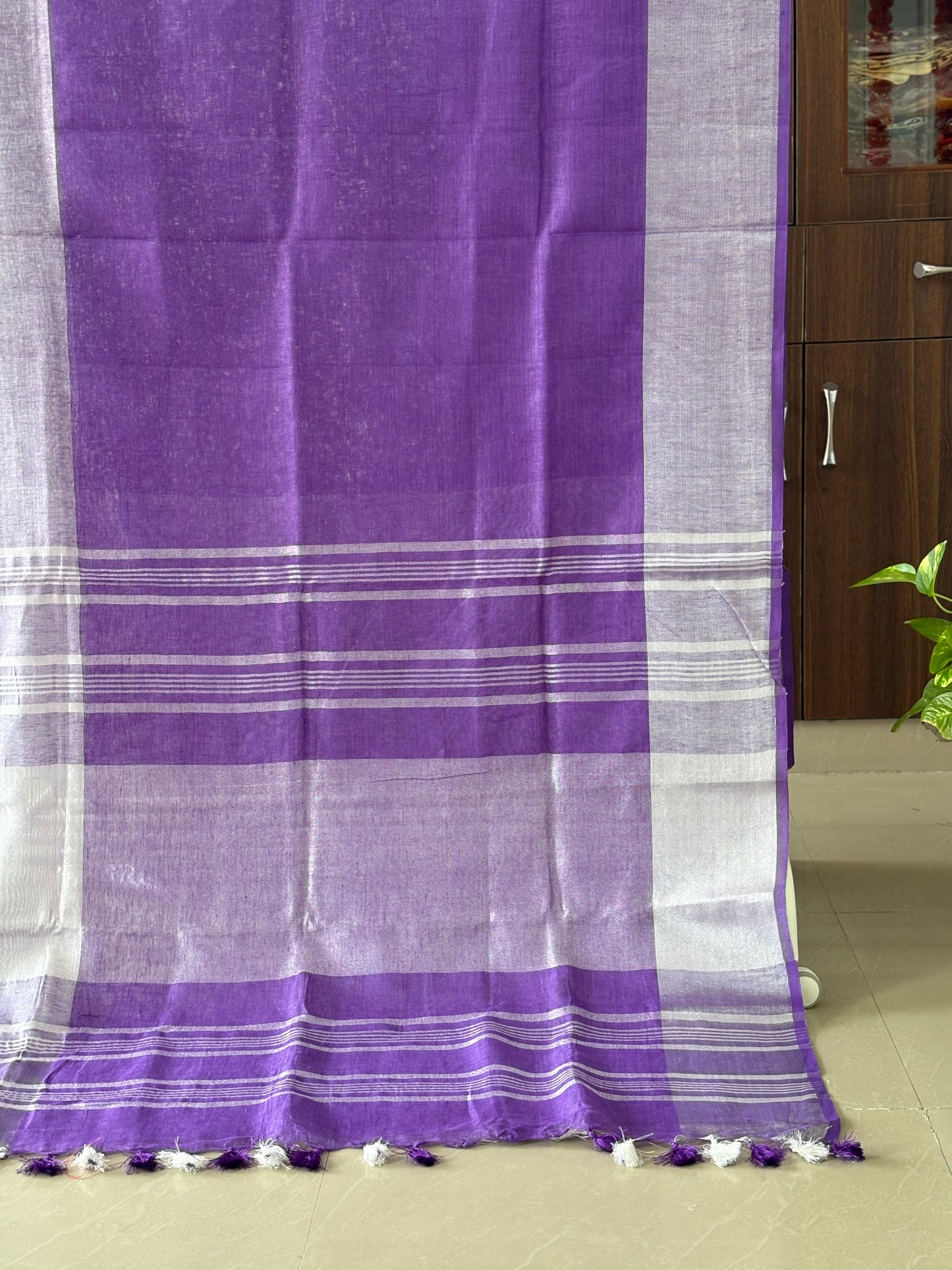 Lavender silver pure Linen By Linen Saree With running Blouse