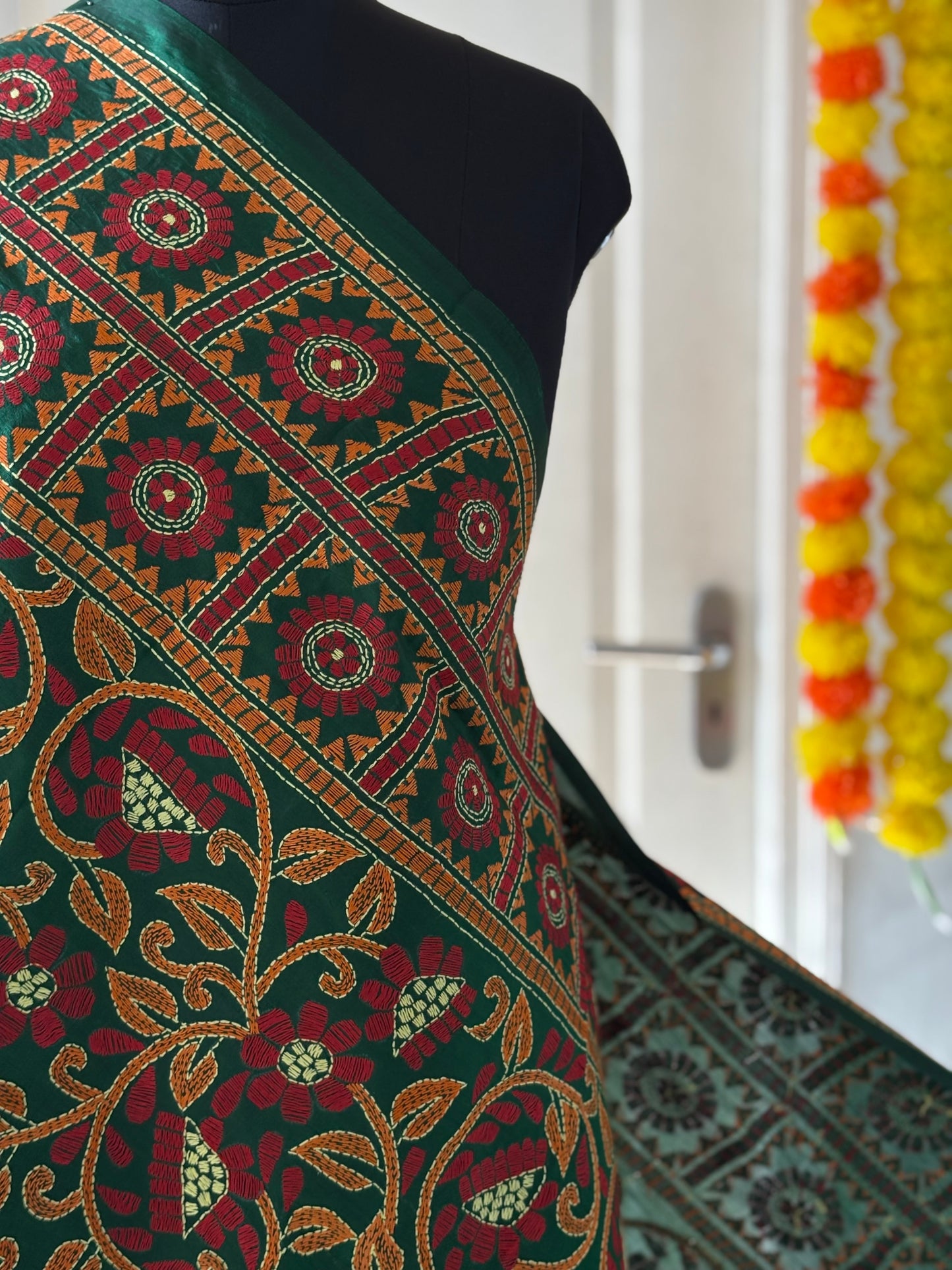 Kantha Hand Embroidary Full Work Pure Banglore Silk Dupatta. (With Silk Mark)