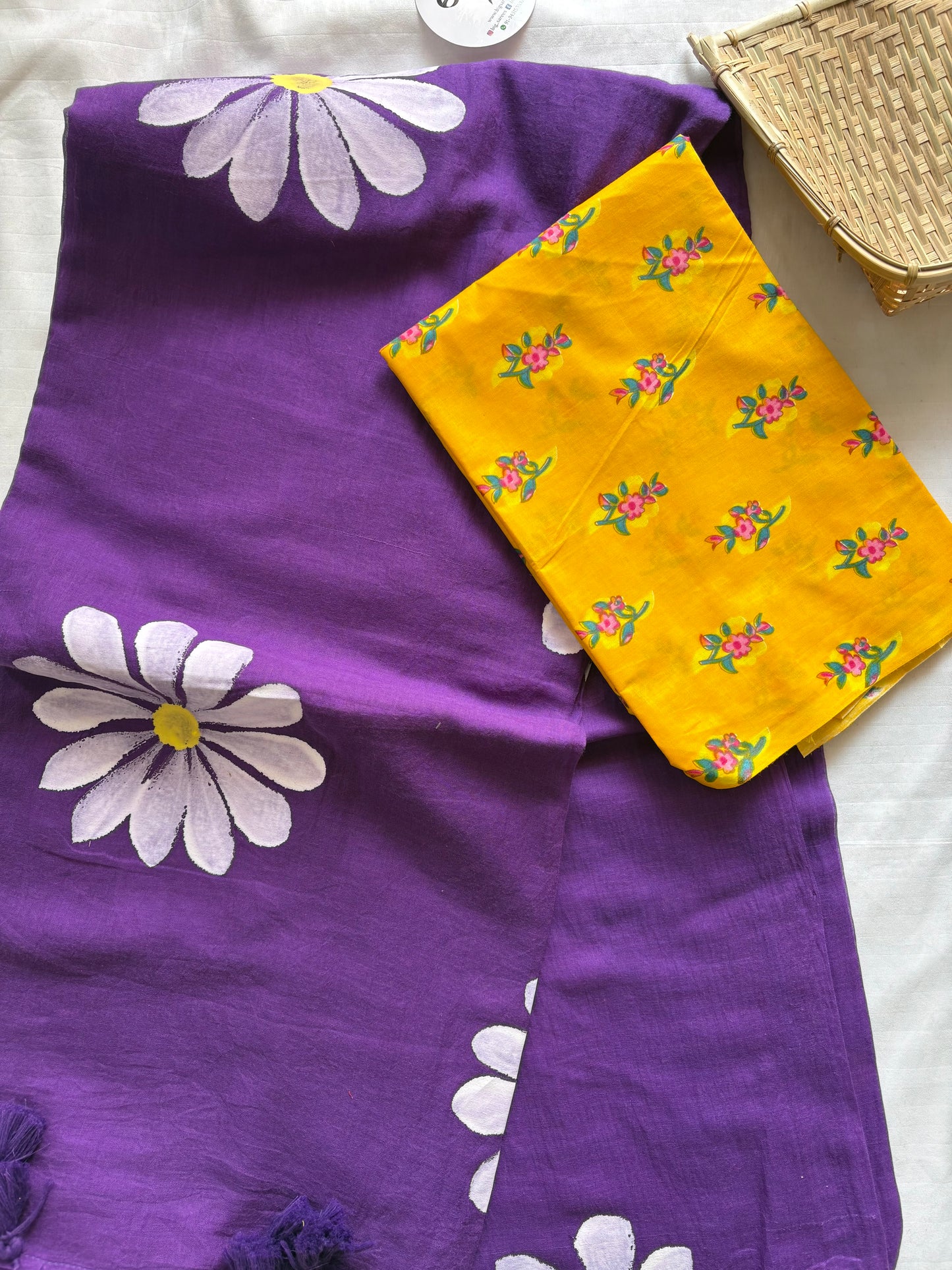 Hand Painted Mul Cotton Saree with Blouse | Purple