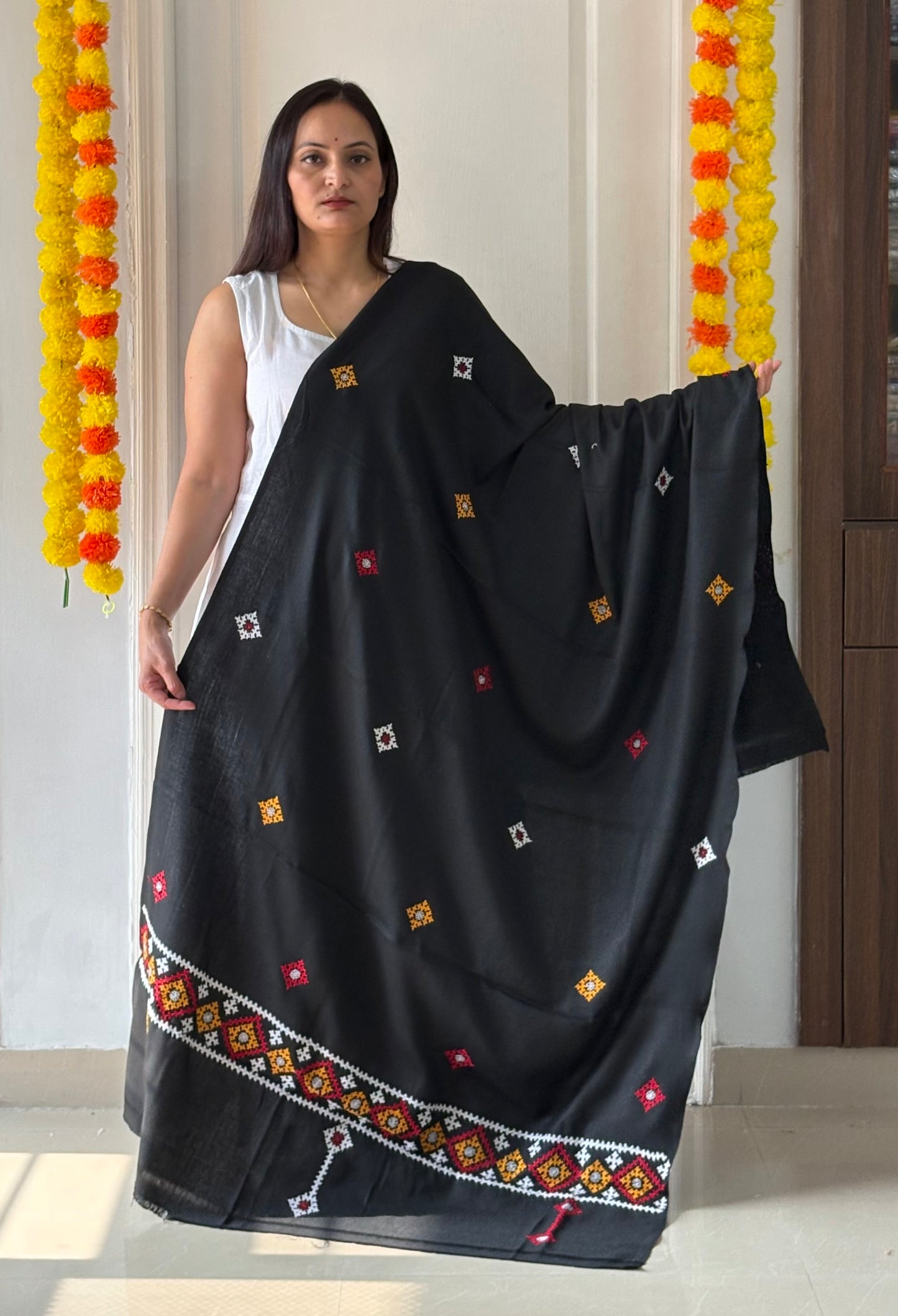 Gujrati Stitch Hand Embroidered Woollen Warm Shawl (Black)
