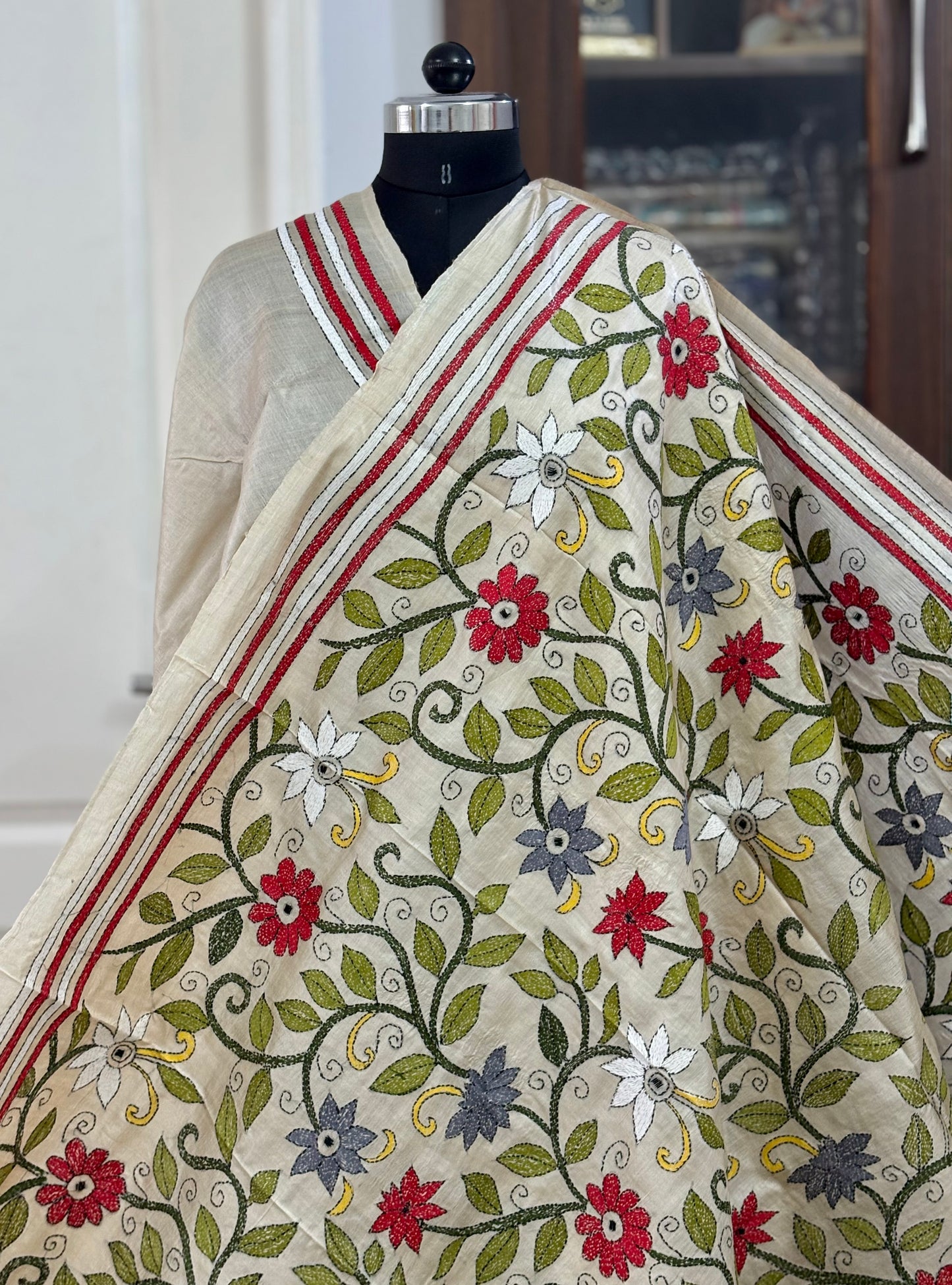 Kantha Stitch Hand Embroidered Pure Gachi by Gachi Tussar Silk Saree (Silk Marked)