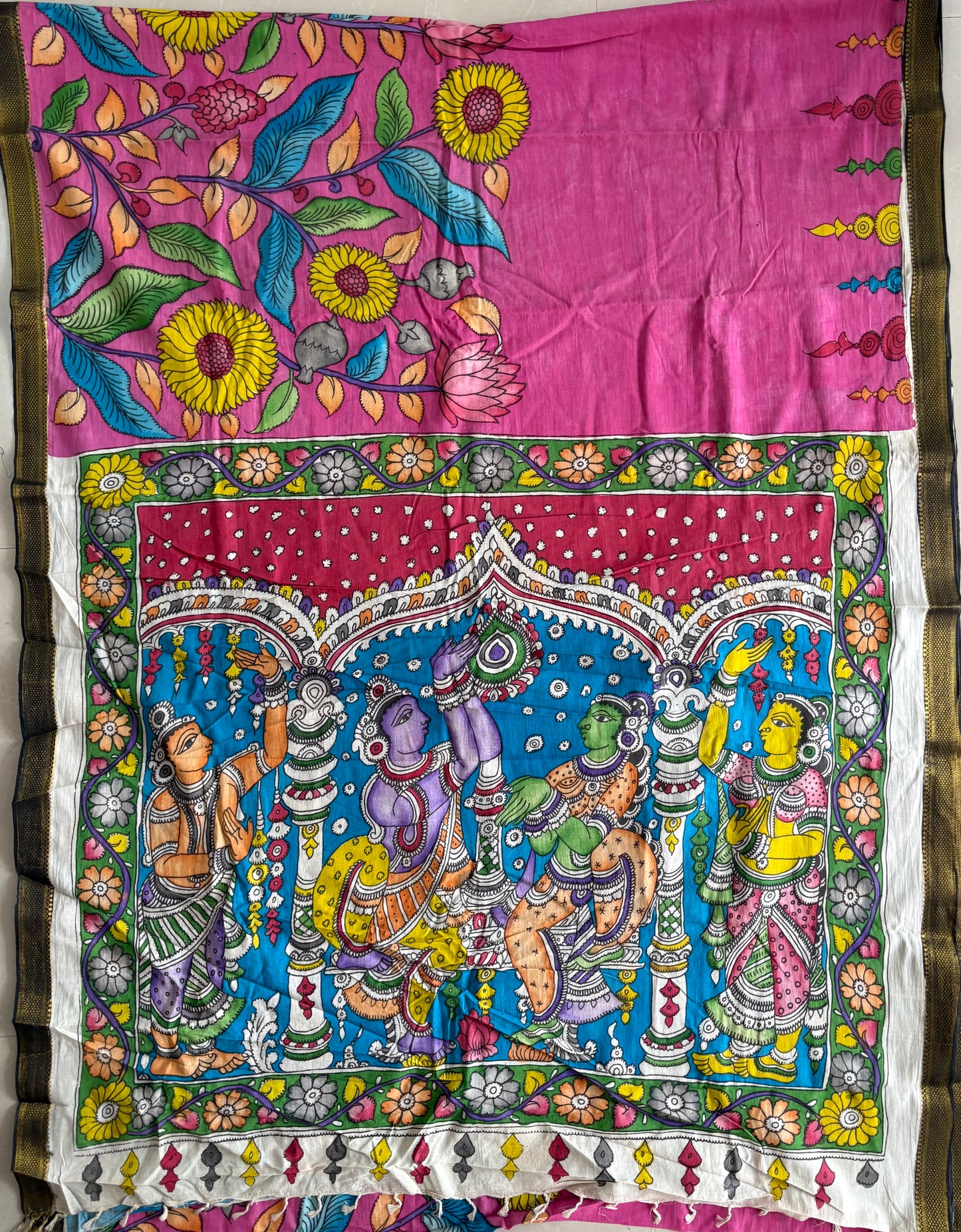 Pen Kalamkari hand painted pure cotton Saree with blouse