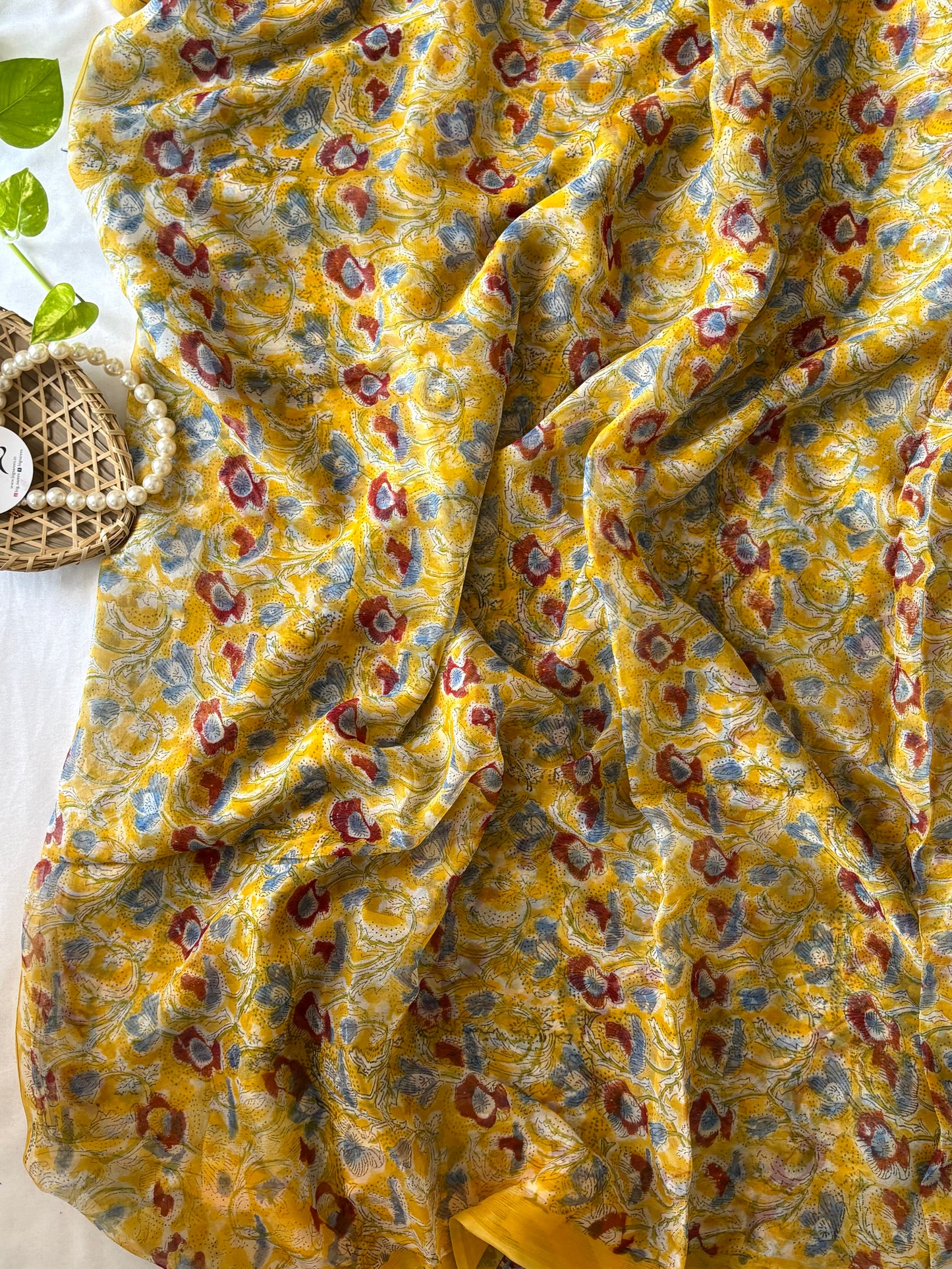 Hand Block Print Saree | Pure Chiffon | Yellow