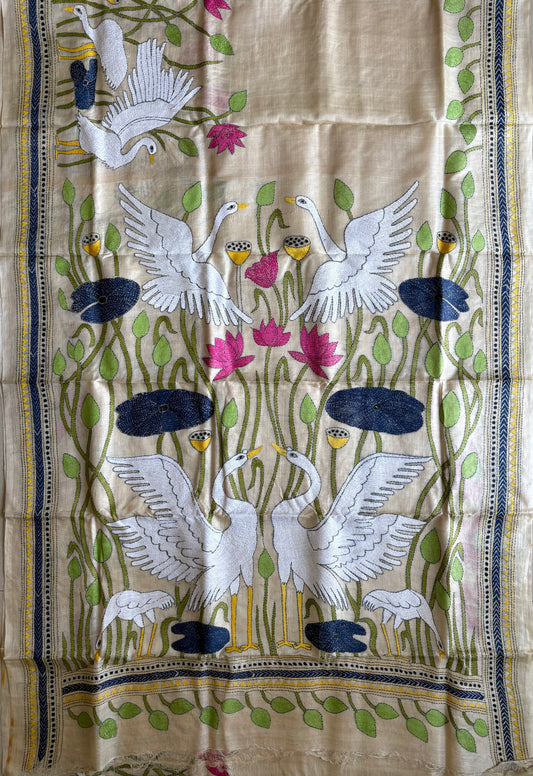 Kantha Stitch Hand Embroidered Pure Gachi Tussar Silk Saree