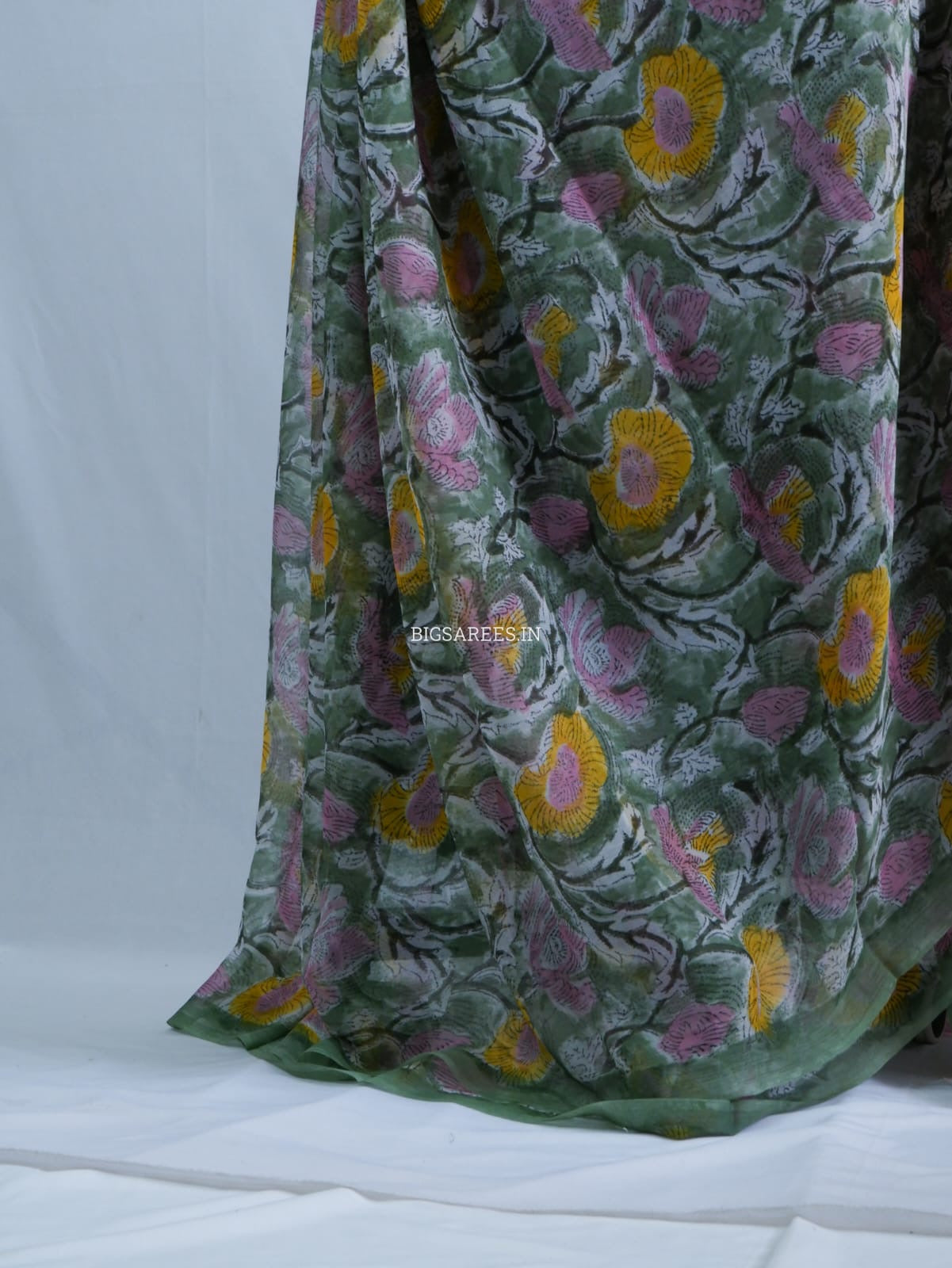 Hand Block Print Saree | Pure Chiffon | Green
