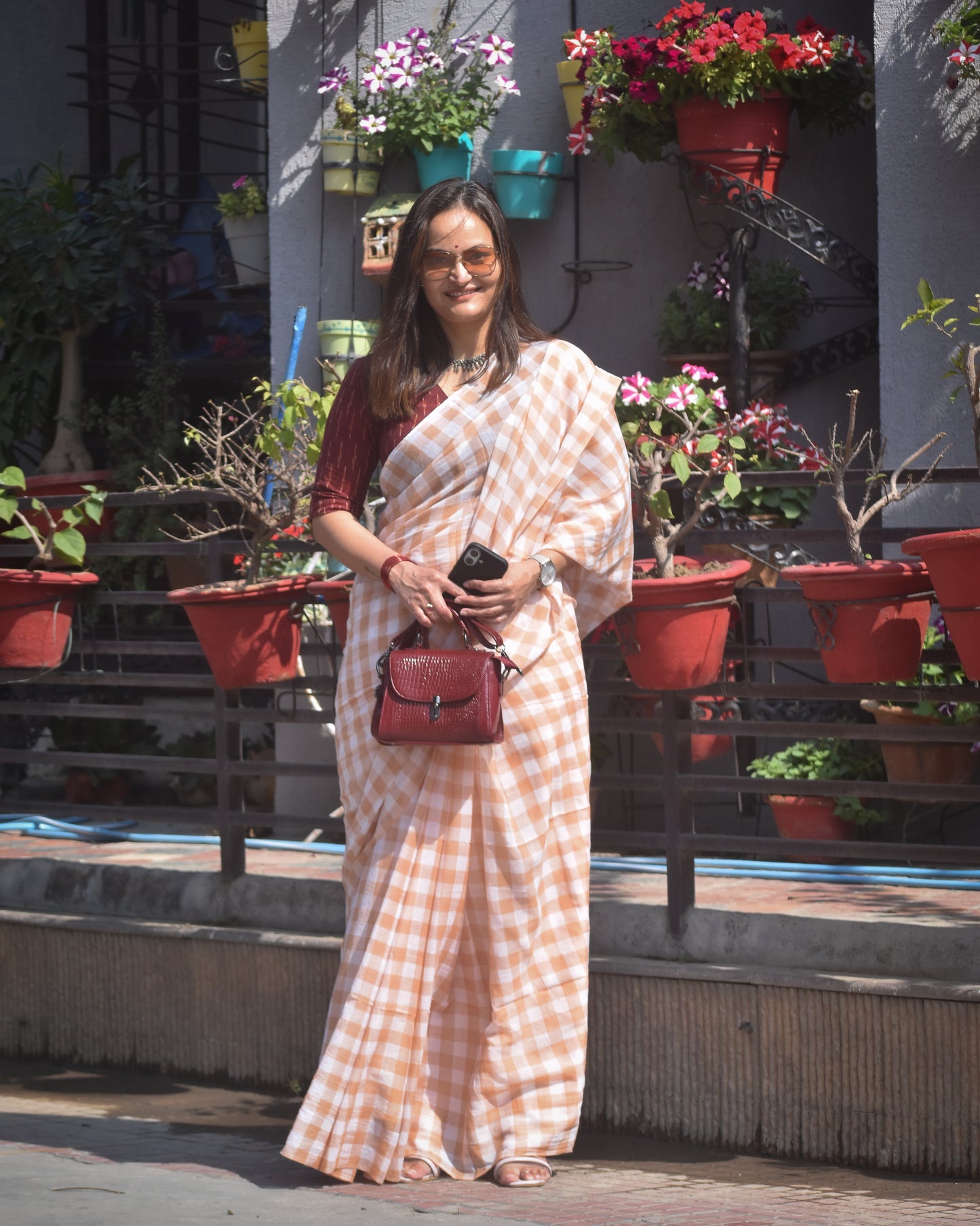 Checkered Mul Cotton Saree With Ikat Blouse | Ultra Lightweight | Light Brown