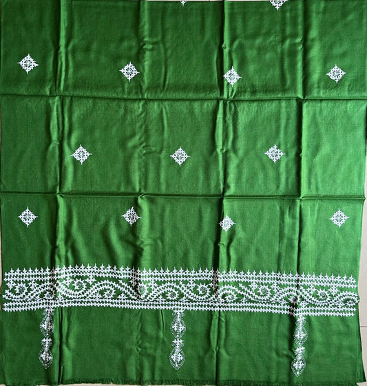 Gujrati Stitch Hand Embroidered Woollen Warm Shawl (Parrot Green)