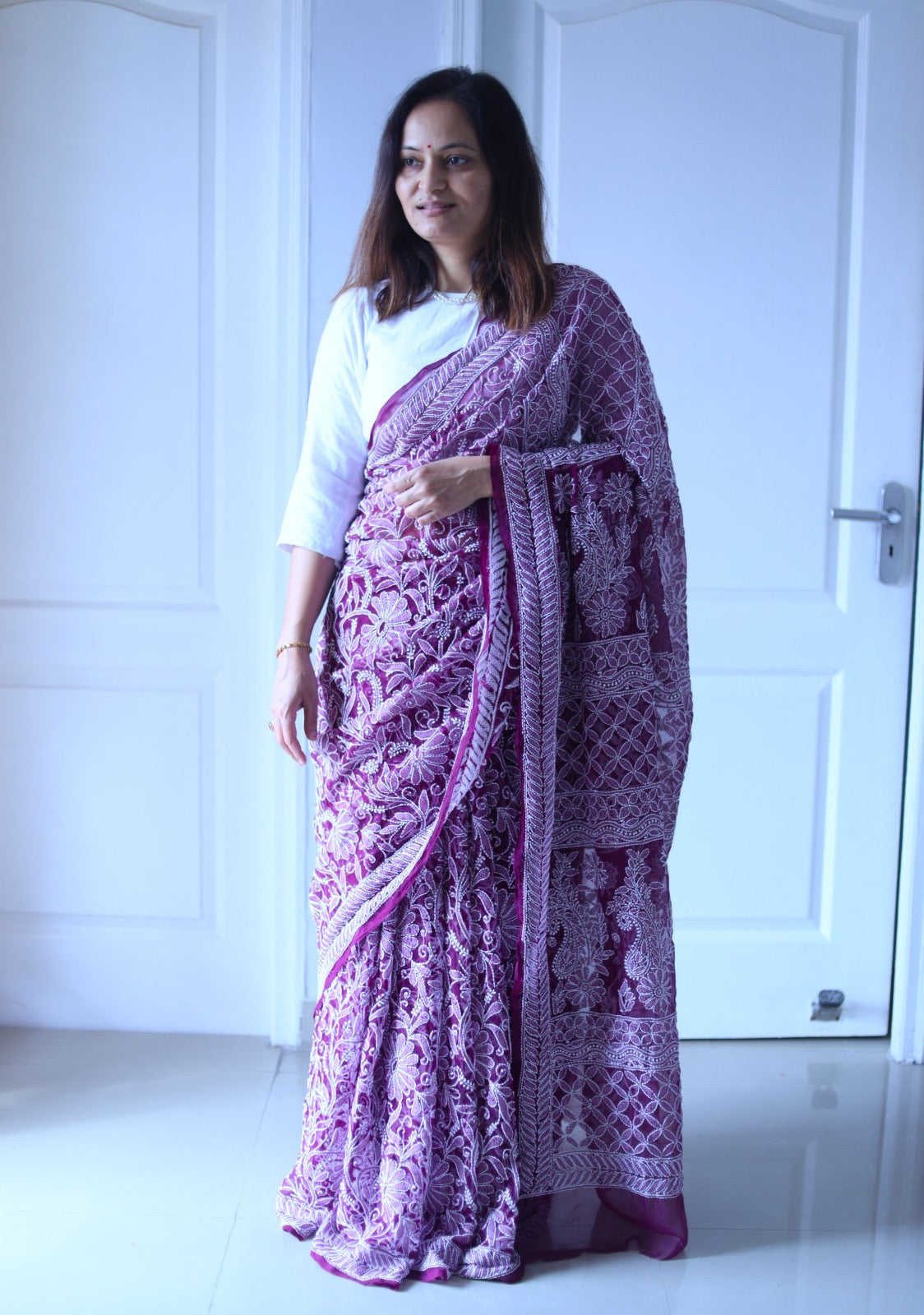 Ultra wine Chikankari Work Hand Embroidered Georgette Saree