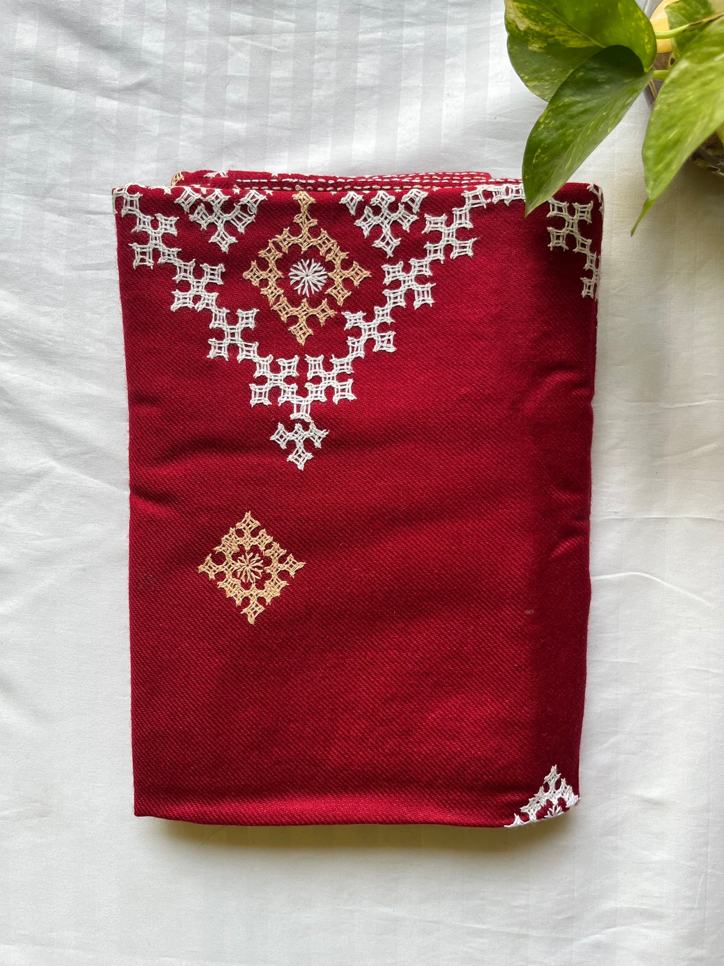 Gujrati Stitch Hand Embroidered Woollen Warm Shawl (maroon)