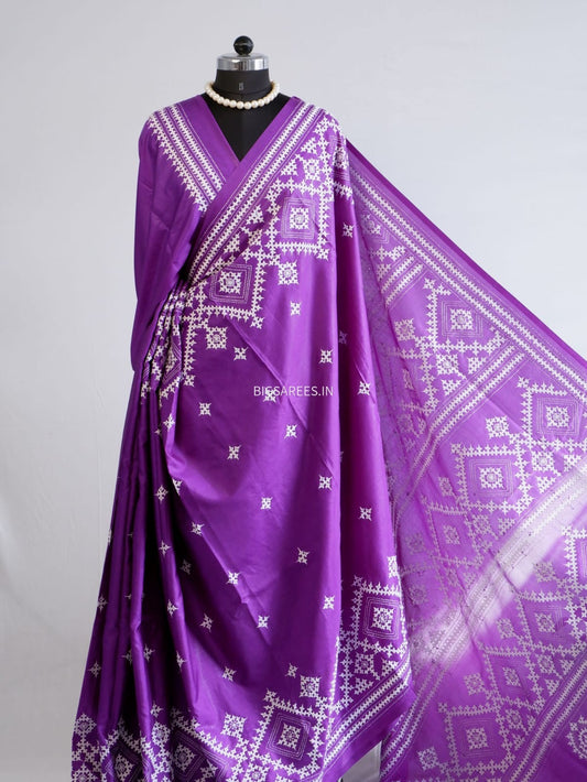 Kutchi/Gujarati Hand Embroidered Saree  | Blended Bangalore Silk / Art Silk | Plum Red