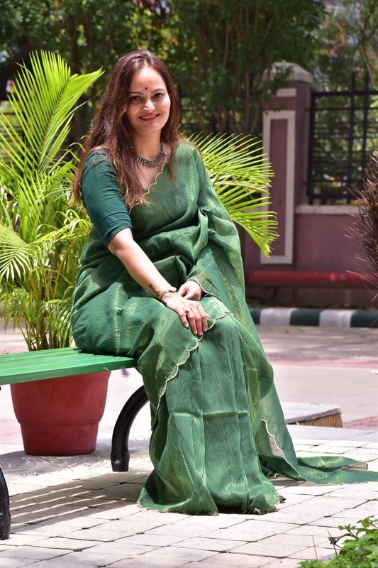 Mul Cotton Saree With Blouse | Gold Stripes | Forest Green