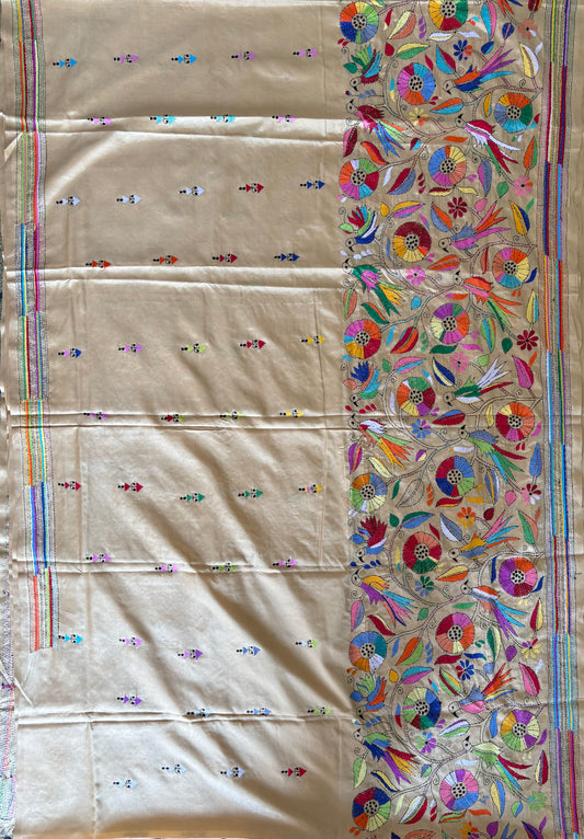 Kantha - Stitch Hand Embroidered Saree| Blended Bangalore Silk / Art Silk | Beige