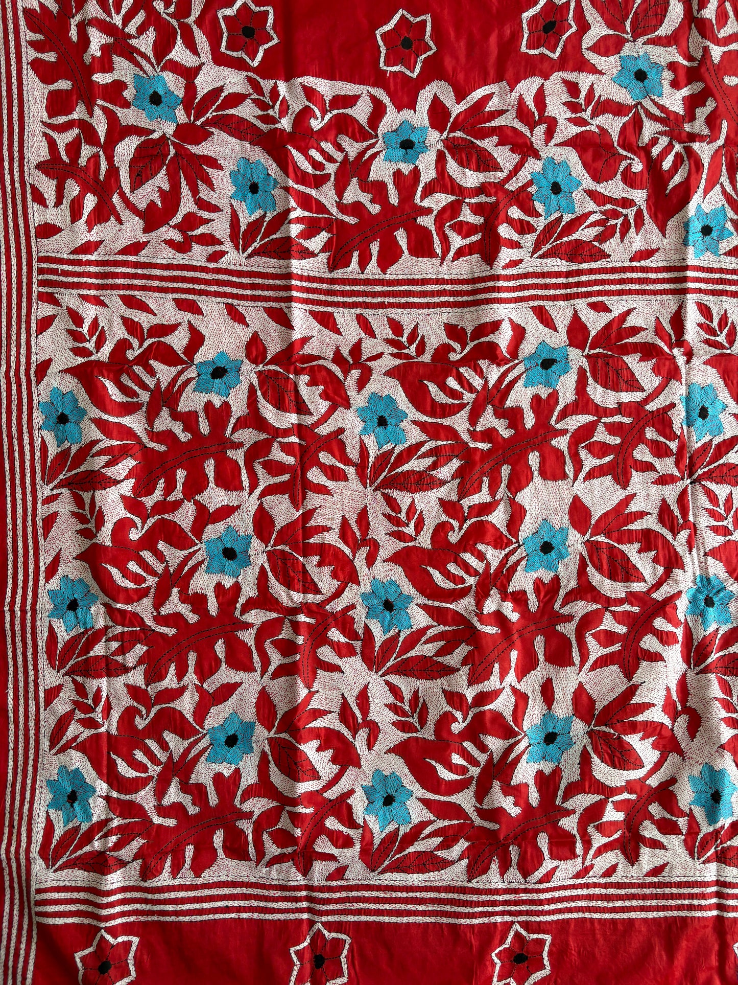 Red Kantha Hand Work Embroidered Art Silk Saree With Blouse